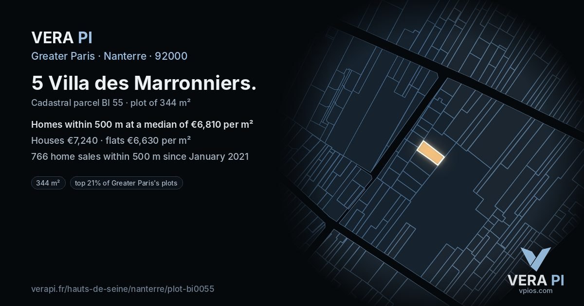 5 Villa des Marronniers, Nanterre at night – the plot lit, the parcels around coloured by the prices near them