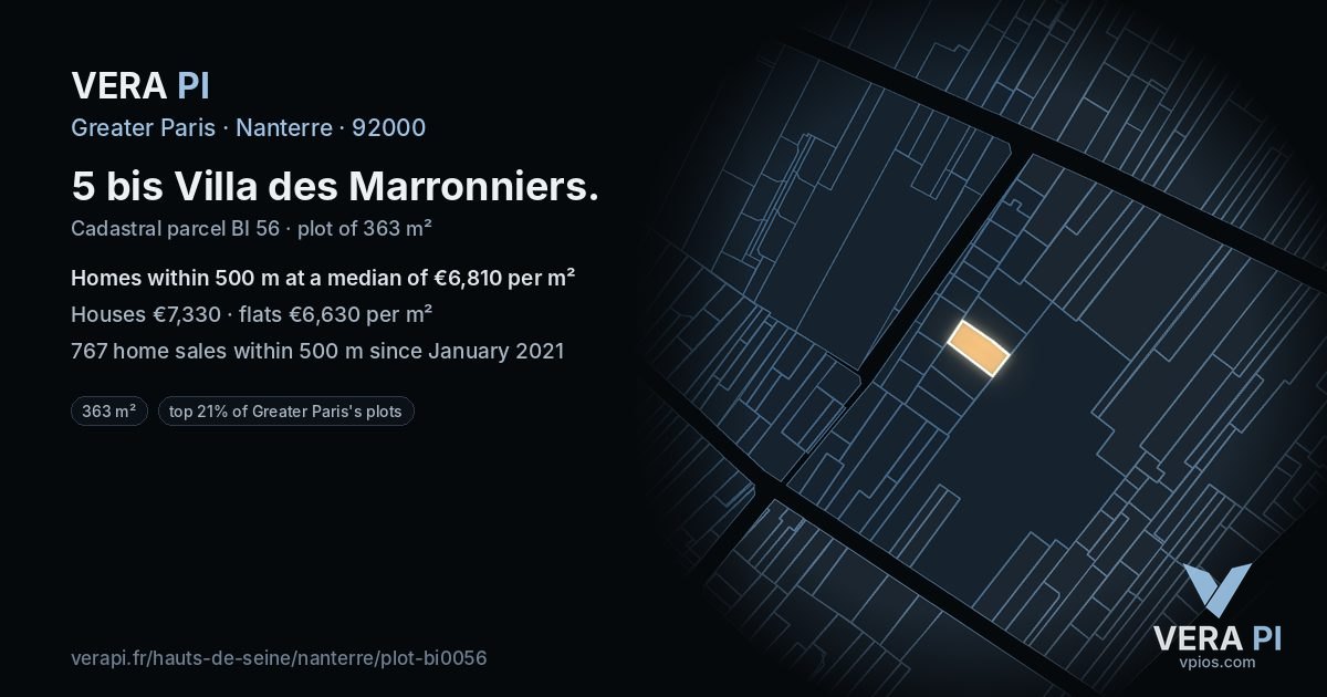 5 bis Villa des Marronniers, Nanterre at night – the plot lit, the parcels around coloured by the prices near them