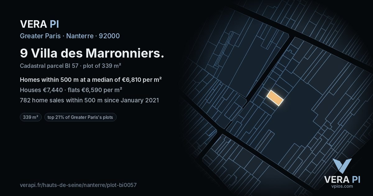 9 Villa des Marronniers, Nanterre at night – the plot lit, the parcels around coloured by the prices near them