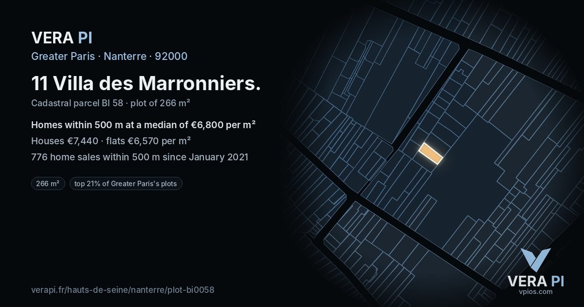 11 Villa des Marronniers, Nanterre at night – the plot lit, the parcels around coloured by the prices near them