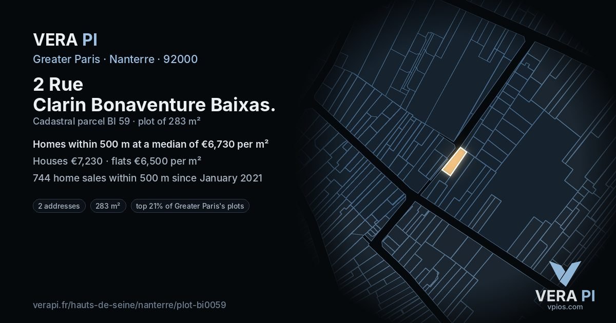2 Rue Clarin Bonaventure Baixas, Nanterre at night – the plot lit, the parcels around coloured by the prices near them