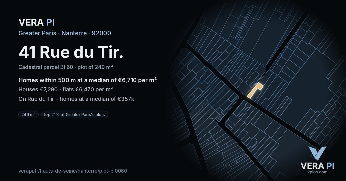 41 Rue du Tir, Nanterre at night – the plot lit, the parcels around coloured by the prices near them