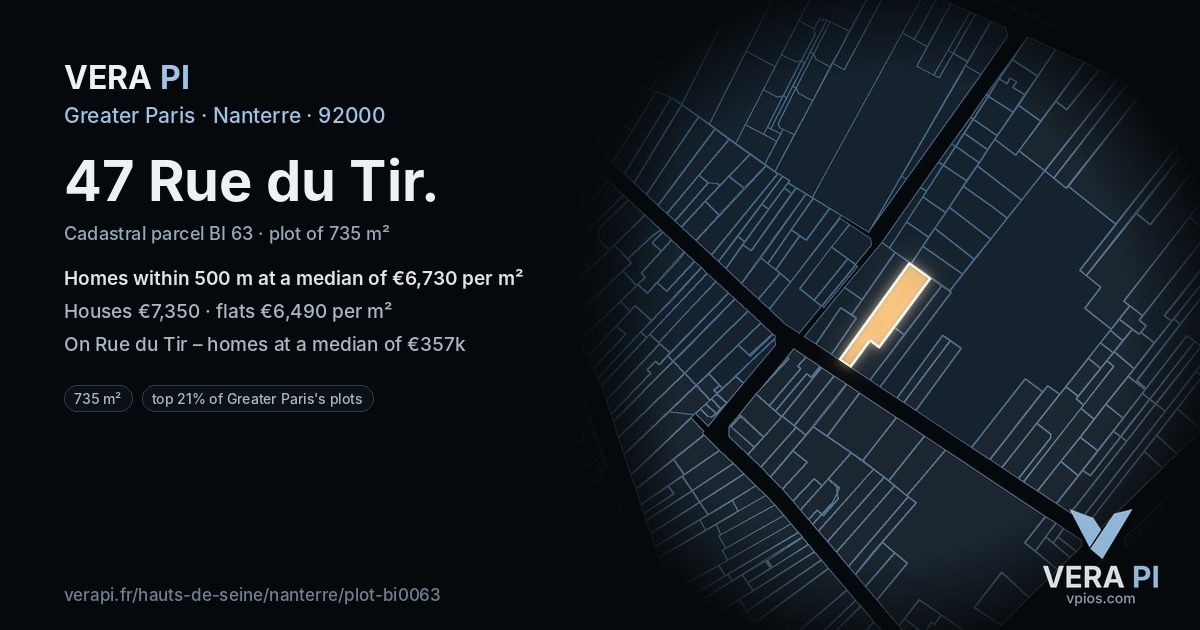 47 Rue du Tir, Nanterre at night – the plot lit, the parcels around coloured by the prices near them