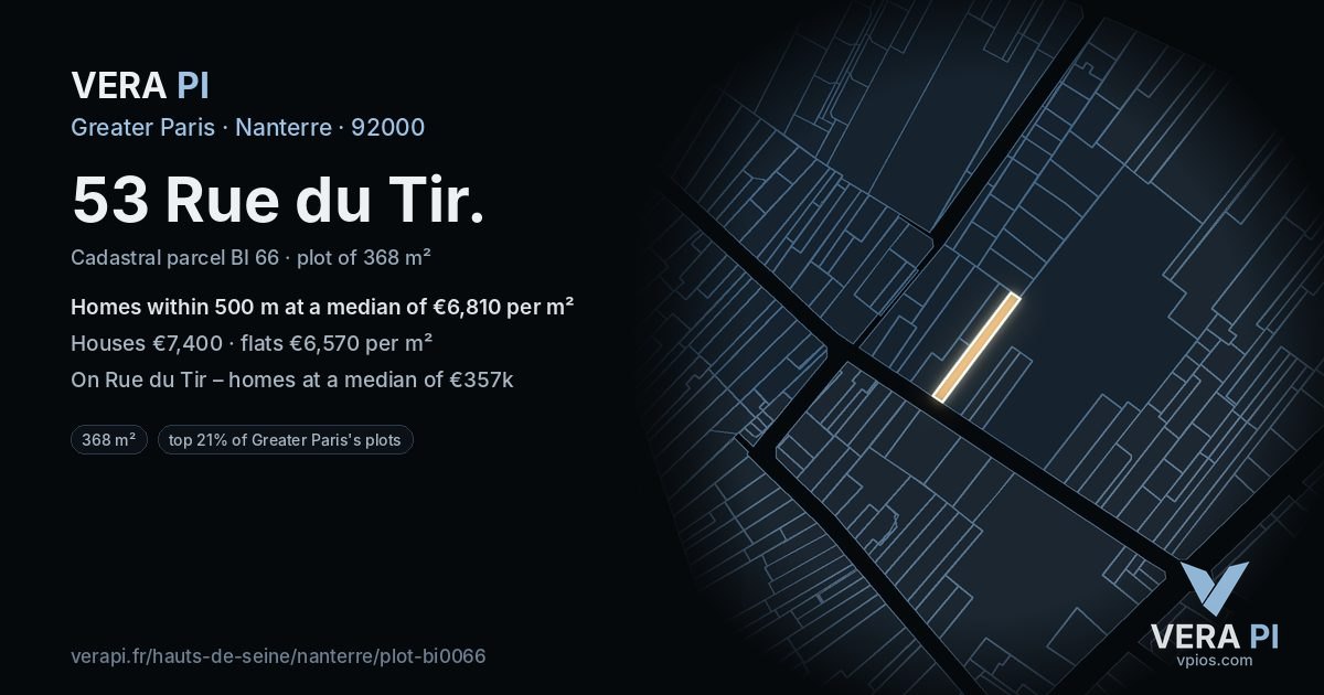 53 Rue du Tir, Nanterre at night – the plot lit, the parcels around coloured by the prices near them