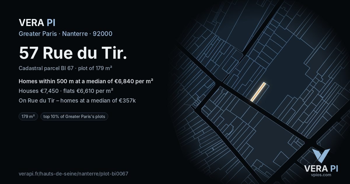 57 Rue du Tir, Nanterre at night – the plot lit, the parcels around coloured by the prices near them