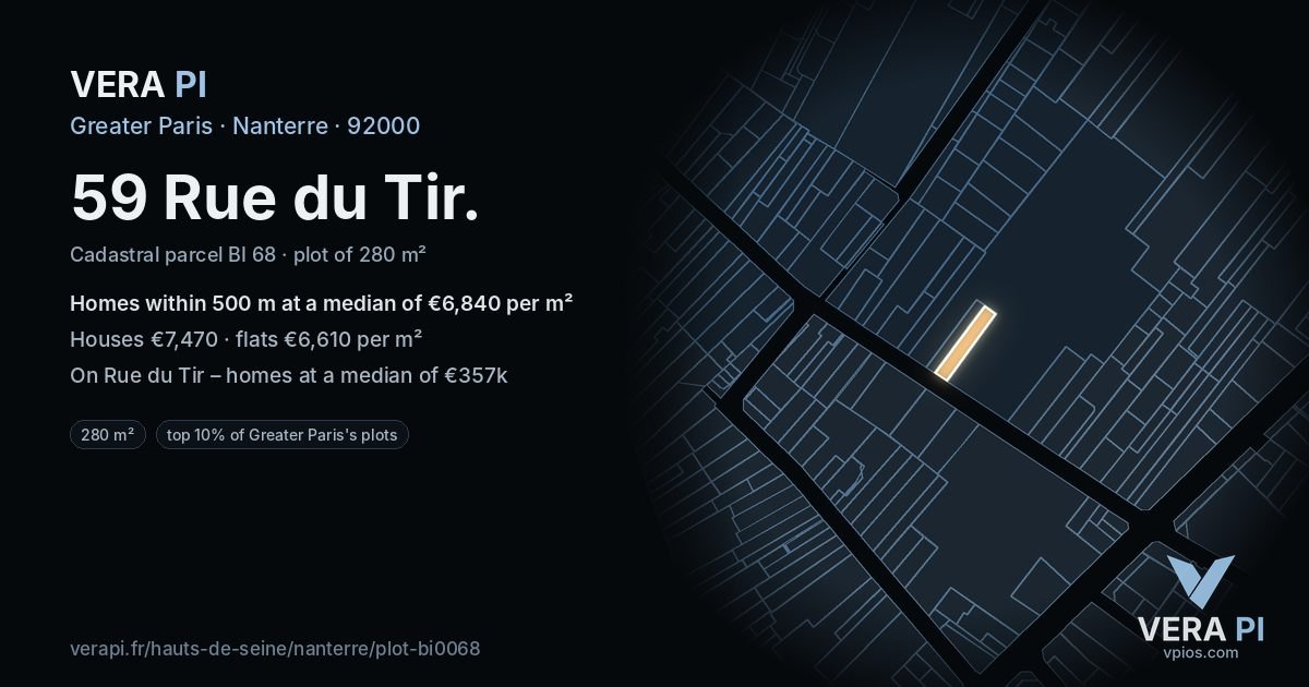 59 Rue du Tir, Nanterre at night – the plot lit, the parcels around coloured by the prices near them