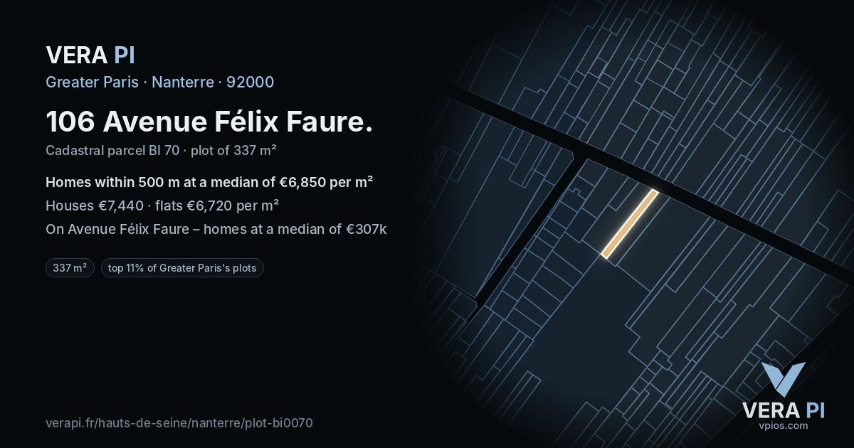 106 Avenue Félix Faure, Nanterre at night – the plot lit, the parcels around coloured by the prices near them