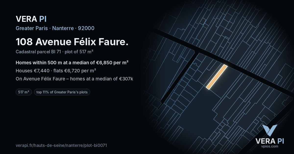 108 Avenue Félix Faure, Nanterre at night – the plot lit, the parcels around coloured by the prices near them