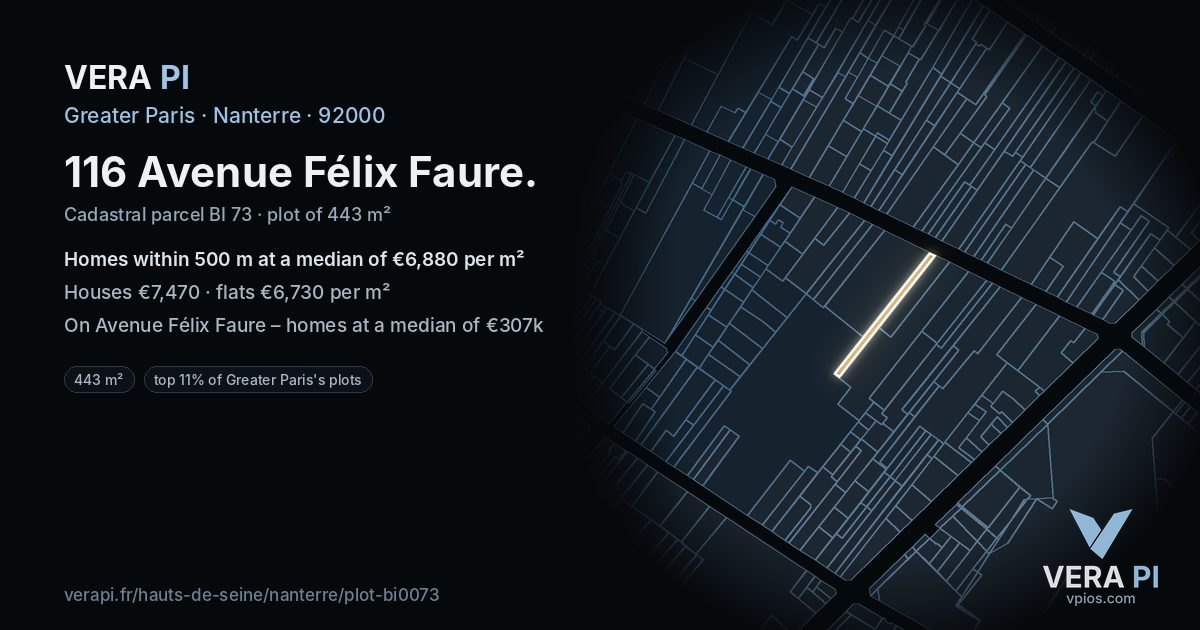 116 Avenue Félix Faure, Nanterre at night – the plot lit, the parcels around coloured by the prices near them