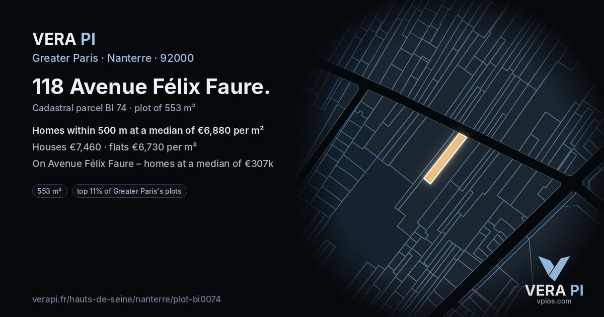 118 Avenue Félix Faure, Nanterre at night – the plot lit, the parcels around coloured by the prices near them