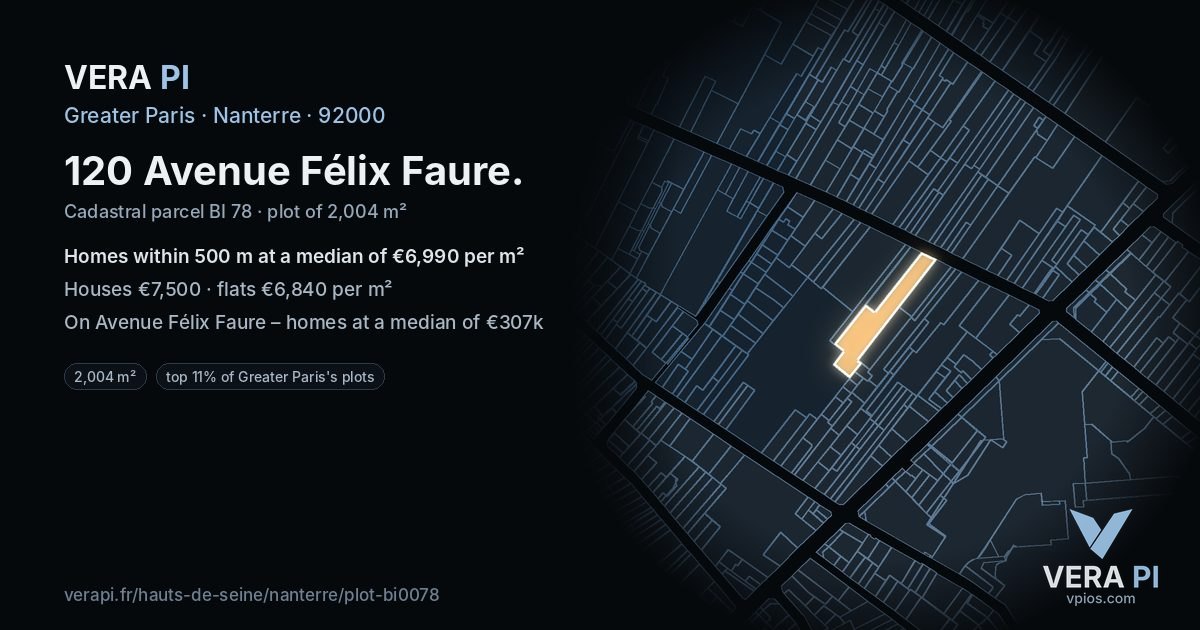 120 Avenue Félix Faure, Nanterre at night – the plot lit, the parcels around coloured by the prices near them