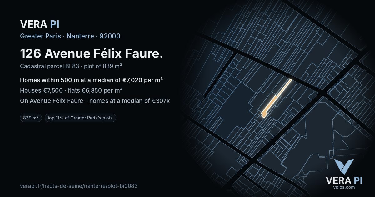126 Avenue Félix Faure, Nanterre at night – the plot lit, the parcels around coloured by the prices near them