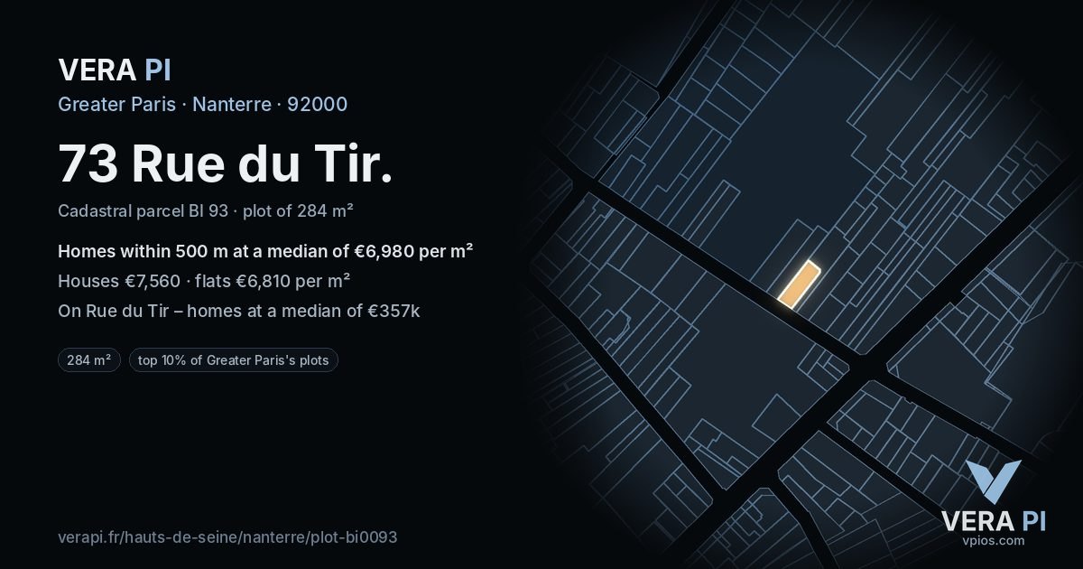 73 Rue du Tir, Nanterre at night – the plot lit, the parcels around coloured by the prices near them