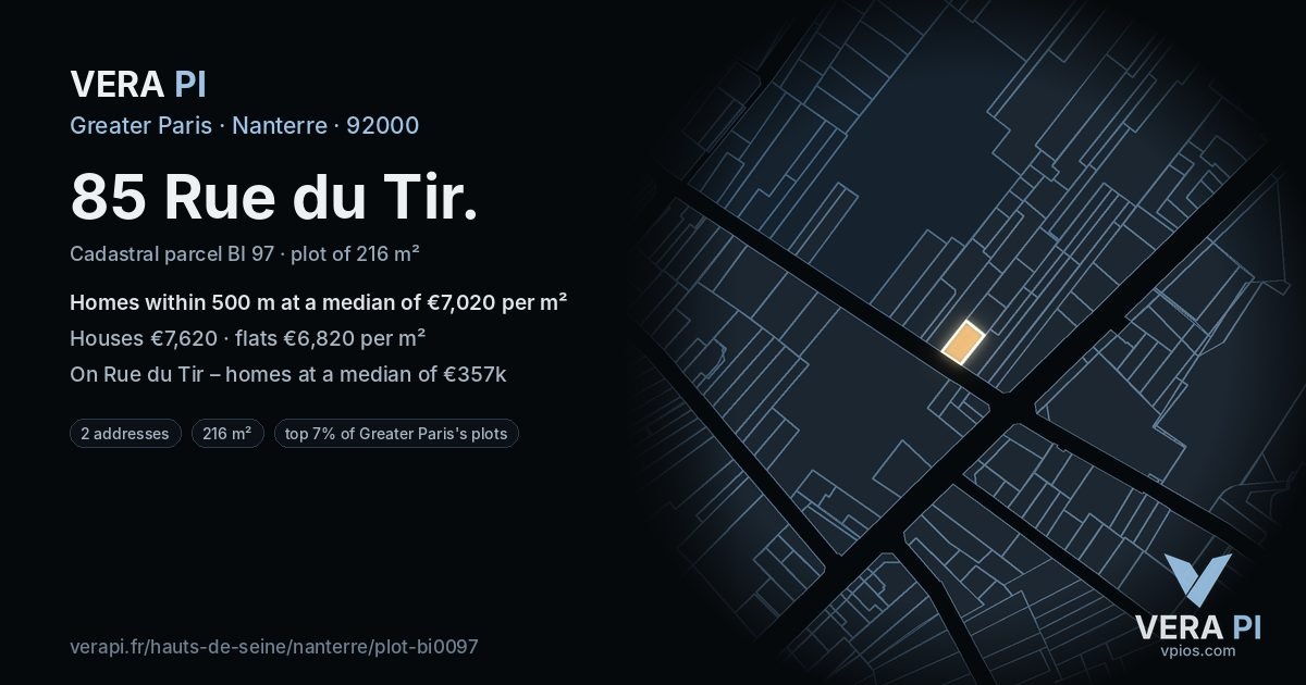 85 Rue du Tir, Nanterre at night – the plot lit, the parcels around coloured by the prices near them