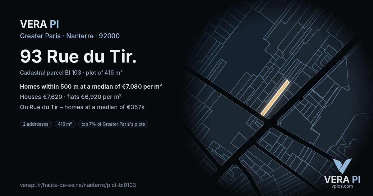 93 Rue du Tir, Nanterre at night – the plot lit, the parcels around coloured by the prices near them