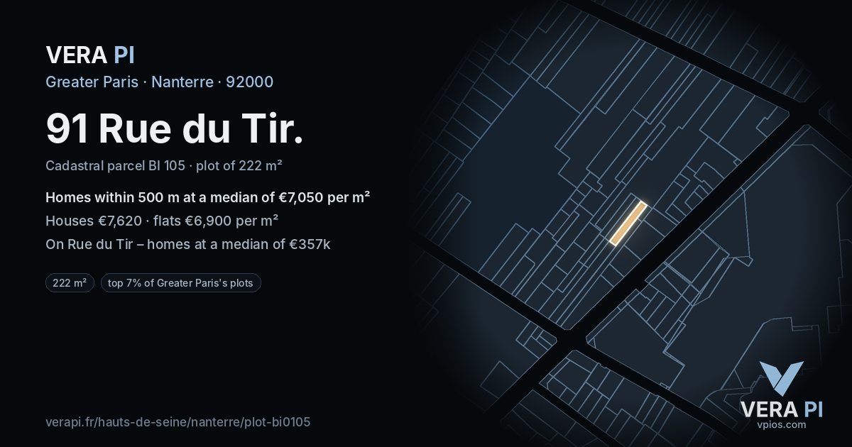 91 Rue du Tir, Nanterre at night – the plot lit, the parcels around coloured by the prices near them