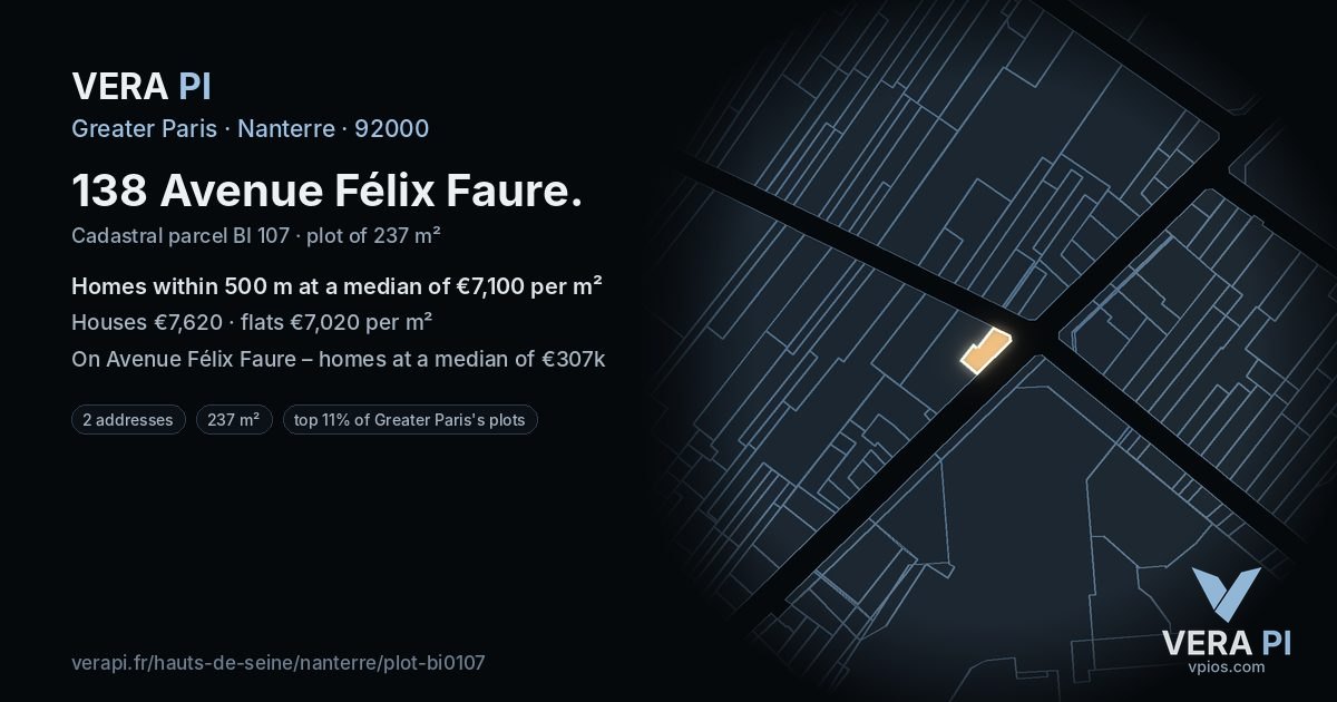 138 Avenue Félix Faure, Nanterre at night – the plot lit, the parcels around coloured by the prices near them