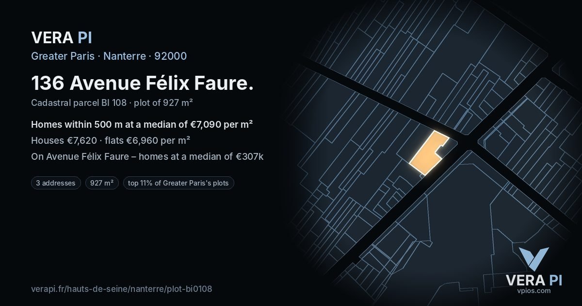 136 Avenue Félix Faure, Nanterre at night – the plot lit, the parcels around coloured by the prices near them