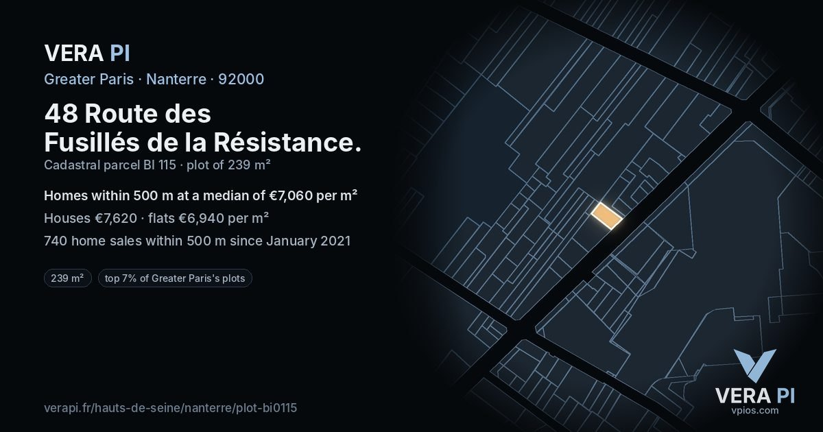 48 Route des Fusillés de la Résistance, Nanterre at night – the plot lit, the parcels around coloured by the prices near them
