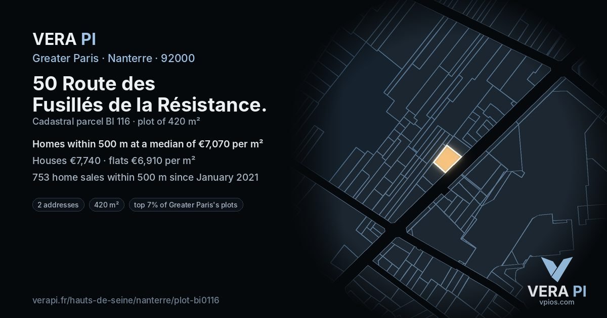 50 Route des Fusillés de la Résistance, Nanterre at night – the plot lit, the parcels around coloured by the prices near them