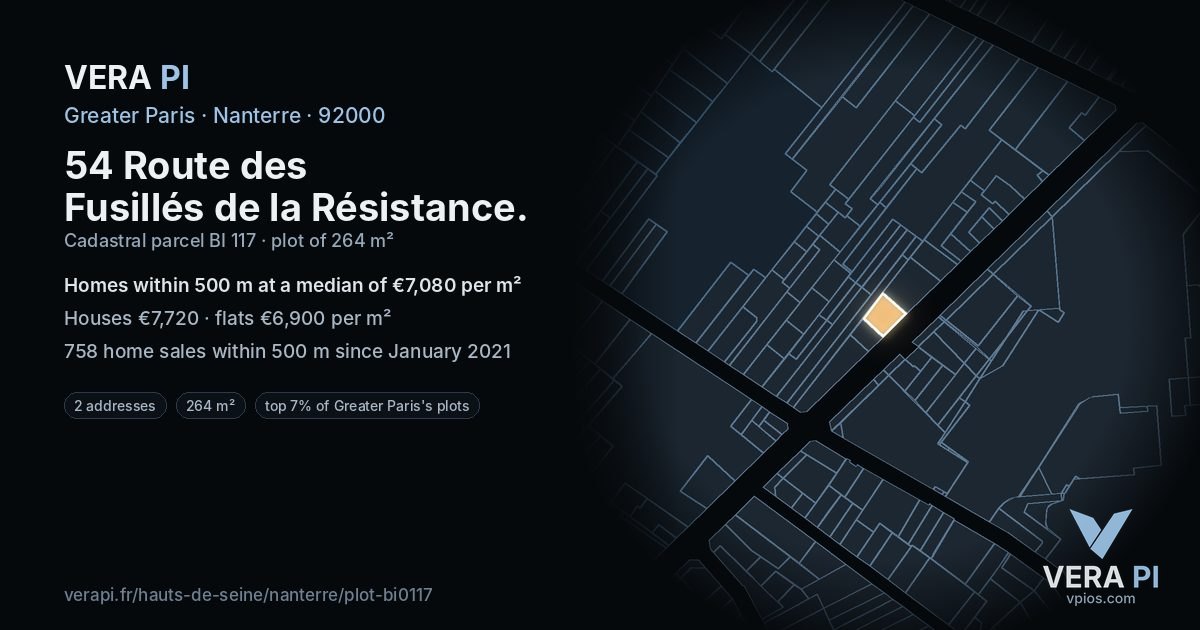 54 Route des Fusillés de la Résistance, Nanterre at night – the plot lit, the parcels around coloured by the prices near them