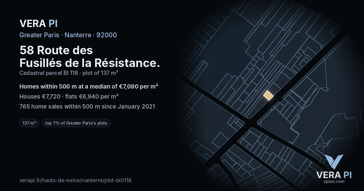 58 Route des Fusillés de la Résistance, Nanterre at night – the plot lit, the parcels around coloured by the prices near them