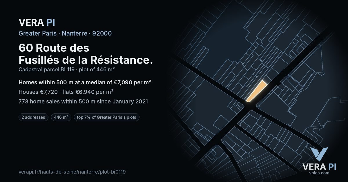 60 Route des Fusillés de la Résistance, Nanterre at night – the plot lit, the parcels around coloured by the prices near them