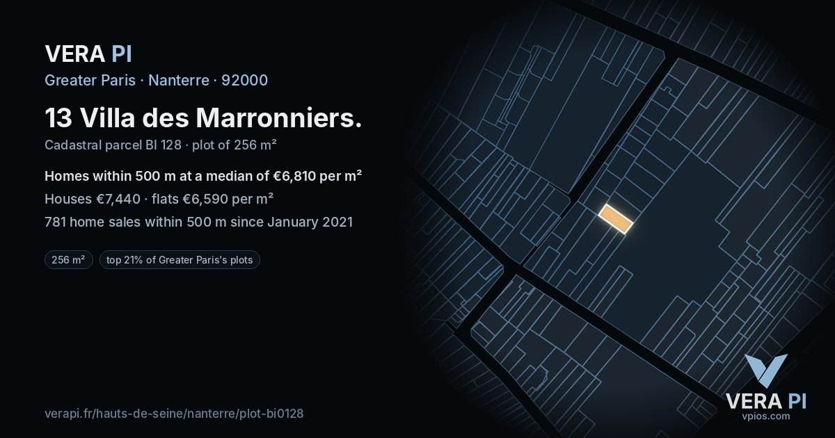 13 Villa des Marronniers, Nanterre at night – the plot lit, the parcels around coloured by the prices near them