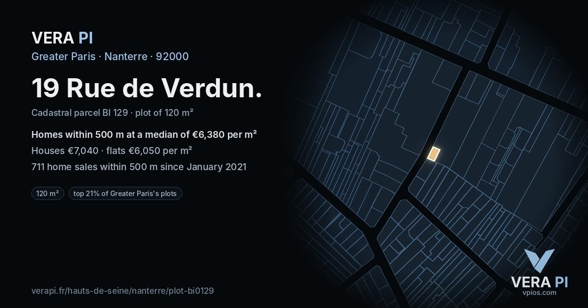 19 Rue de Verdun, Nanterre at night – the plot lit, the parcels around coloured by the prices near them