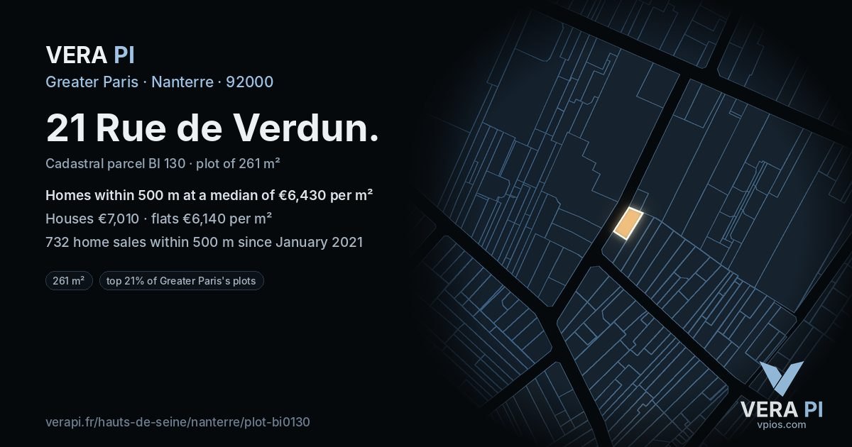 21 Rue de Verdun, Nanterre at night – the plot lit, the parcels around coloured by the prices near them