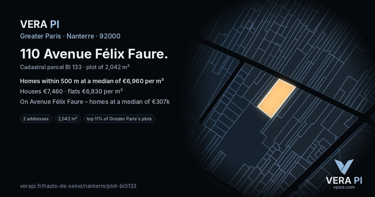 110 Avenue Félix Faure, Nanterre at night – the plot lit, the parcels around coloured by the prices near them