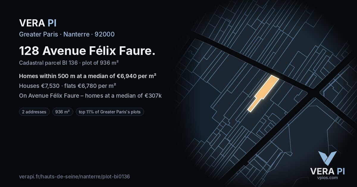 128 Avenue Félix Faure, Nanterre at night – the plot lit, the parcels around coloured by the prices near them