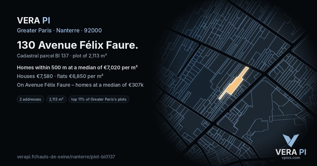 130 Avenue Félix Faure, Nanterre at night – the plot lit, the parcels around coloured by the prices near them