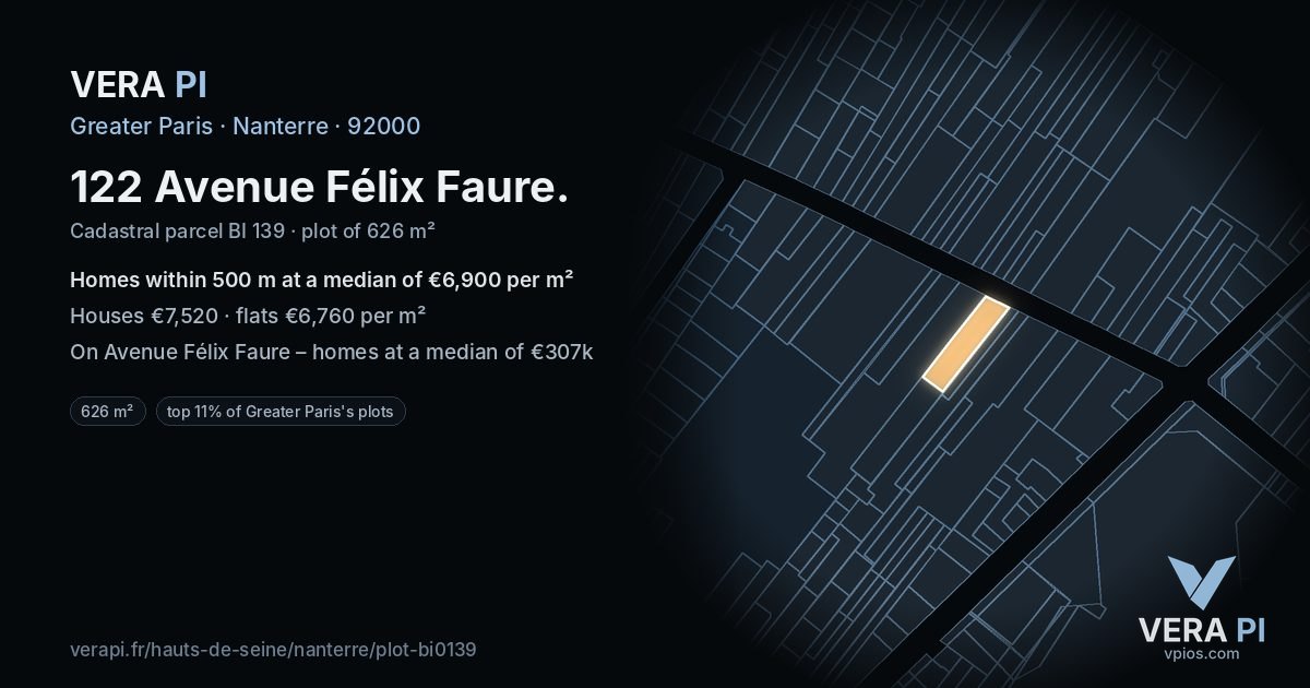 122 Avenue Félix Faure, Nanterre at night – the plot lit, the parcels around coloured by the prices near them