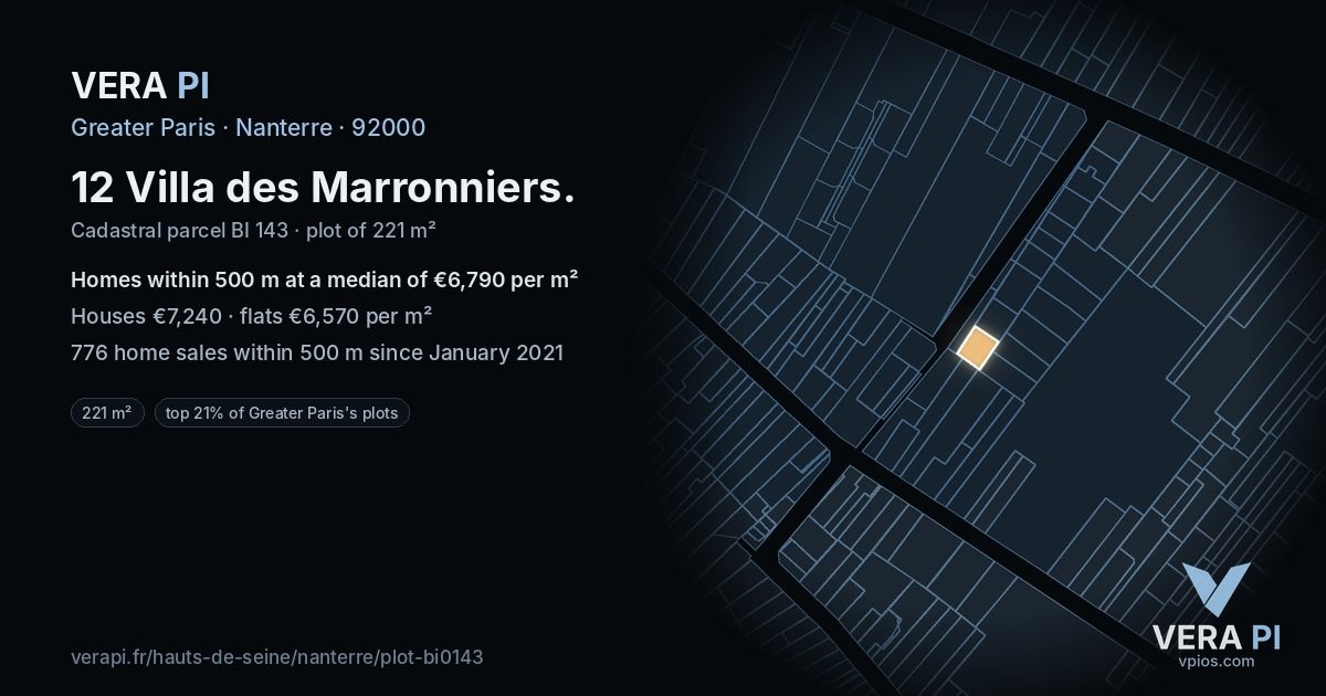 12 Villa des Marronniers, Nanterre at night – the plot lit, the parcels around coloured by the prices near them