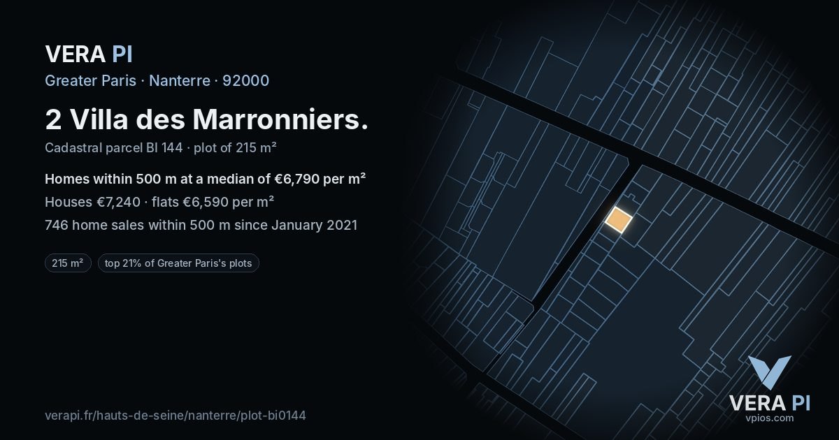 2 Villa des Marronniers, Nanterre at night – the plot lit, the parcels around coloured by the prices near them