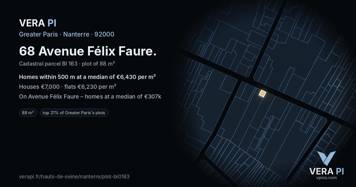 68 Avenue Félix Faure, Nanterre at night – the plot lit, the parcels around coloured by the prices near them