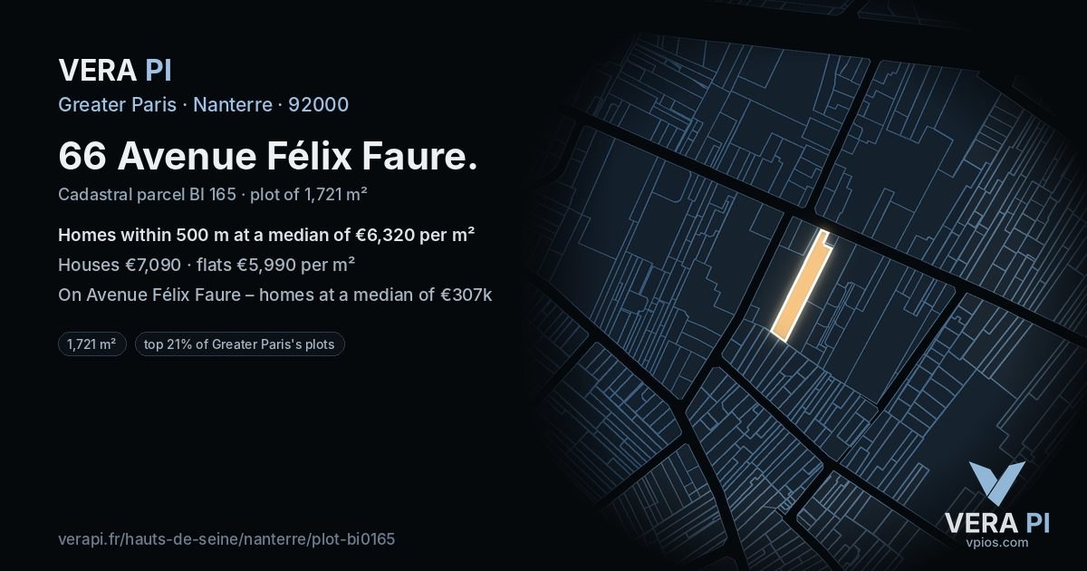 66 Avenue Félix Faure, Nanterre at night – the plot lit, the parcels around coloured by the prices near them