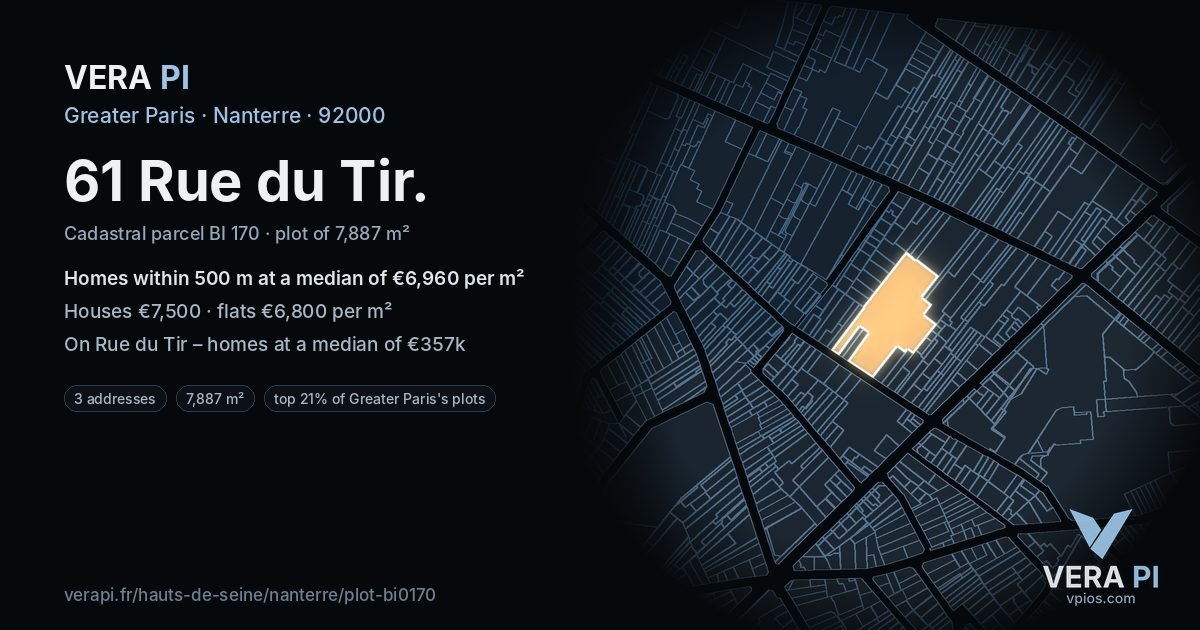 61 Rue du Tir, Nanterre at night – the plot lit, the parcels around coloured by the prices near them