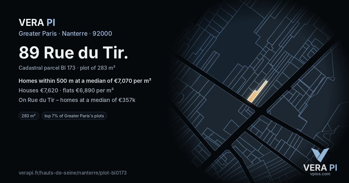 89 Rue du Tir, Nanterre at night – the plot lit, the parcels around coloured by the prices near them