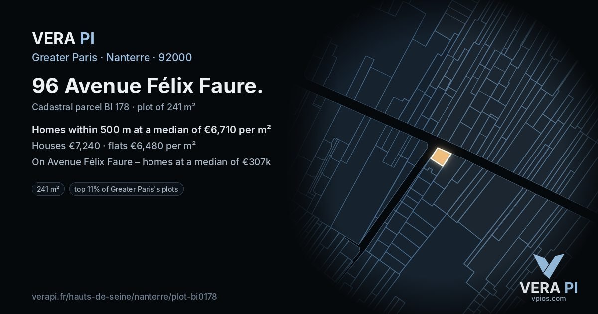 96 Avenue Félix Faure, Nanterre at night – the plot lit, the parcels around coloured by the prices near them