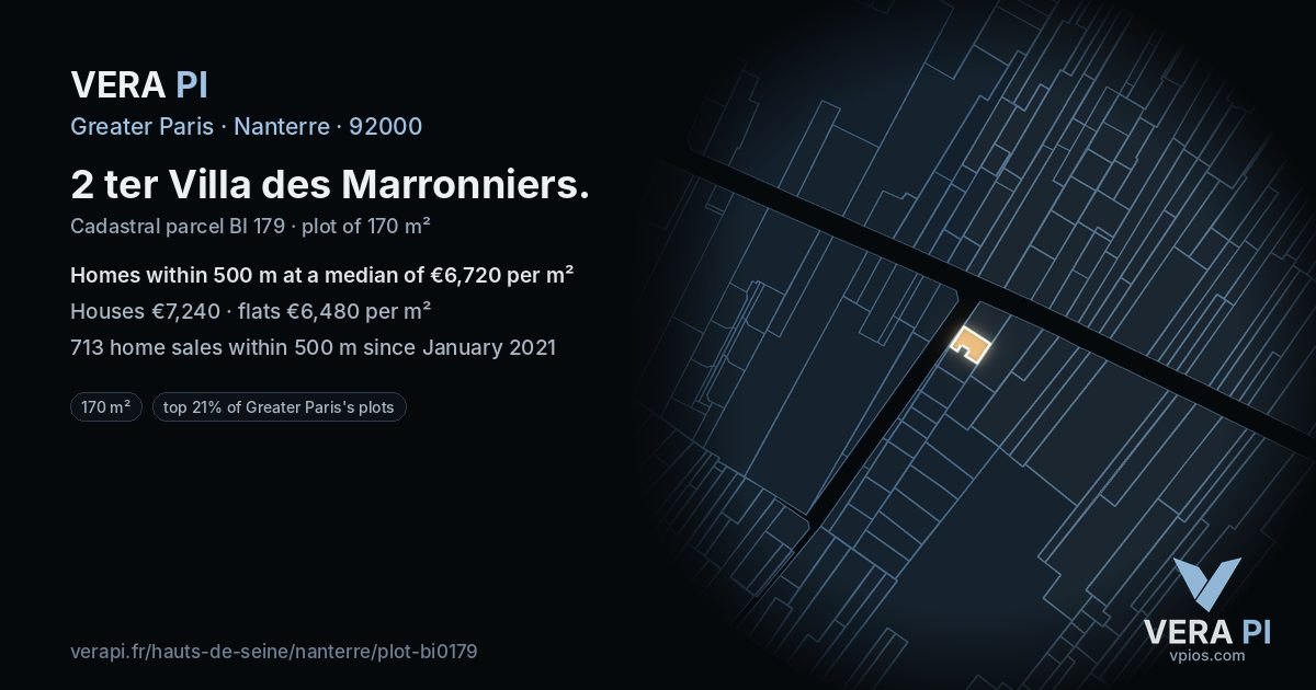 2 ter Villa des Marronniers, Nanterre at night – the plot lit, the parcels around coloured by the prices near them