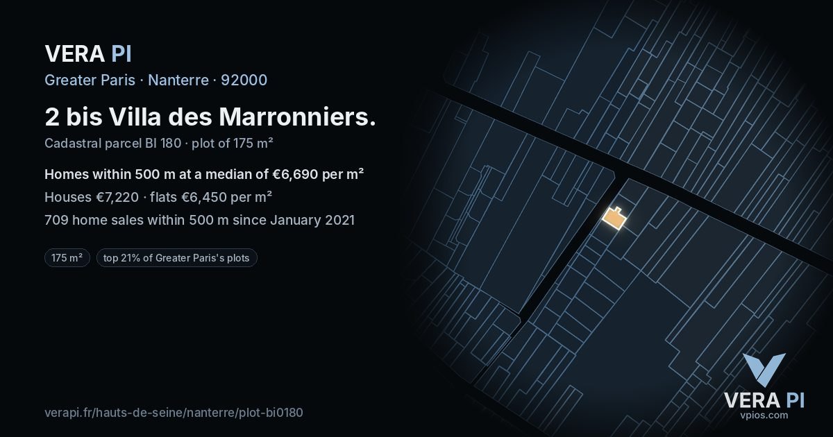 2 bis Villa des Marronniers, Nanterre at night – the plot lit, the parcels around coloured by the prices near them