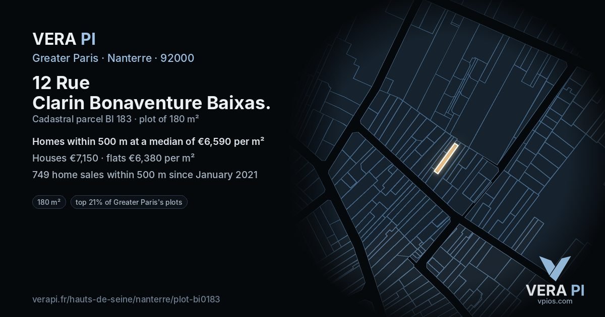 12 Rue Clarin Bonaventure Baixas, Nanterre at night – the plot lit, the parcels around coloured by the prices near them