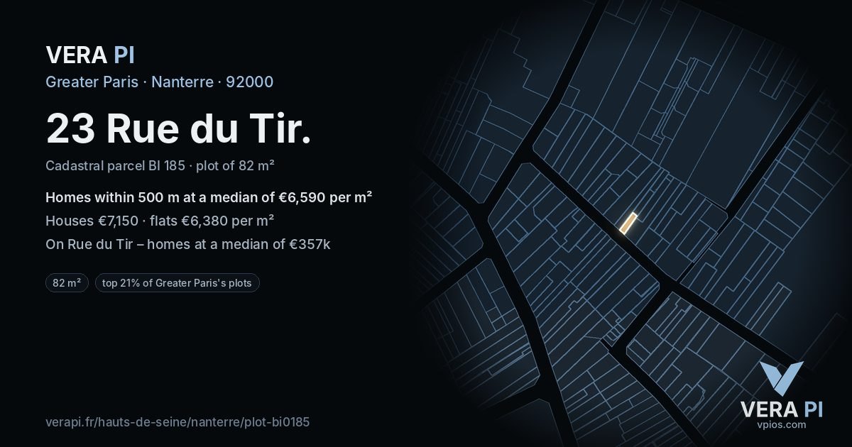 23 Rue du Tir, Nanterre at night – the plot lit, the parcels around coloured by the prices near them