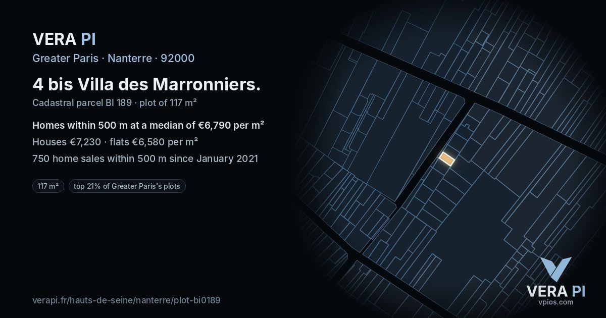4 bis Villa des Marronniers, Nanterre at night – the plot lit, the parcels around coloured by the prices near them