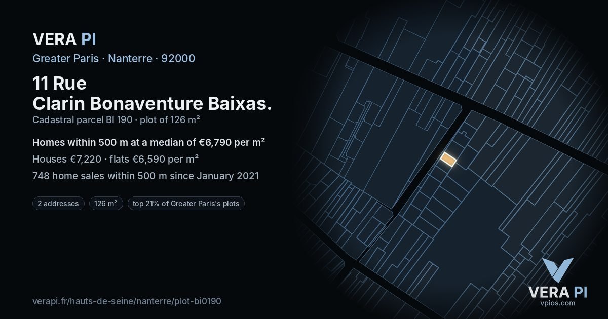 11 Rue Clarin Bonaventure Baixas, Nanterre at night – the plot lit, the parcels around coloured by the prices near them