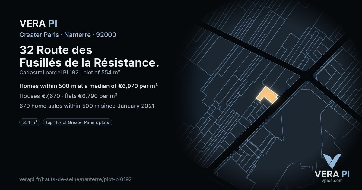 32 Route des Fusillés de la Résistance, Nanterre at night – the plot lit, the parcels around coloured by the prices near them