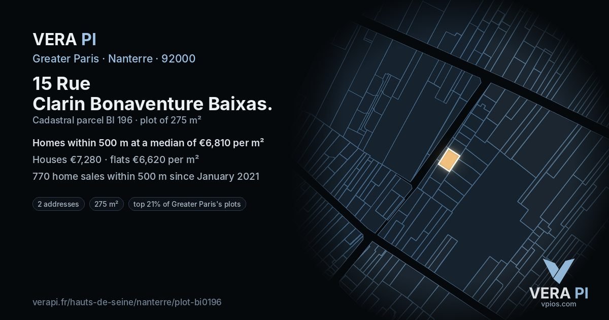 15 Rue Clarin Bonaventure Baixas, Nanterre at night – the plot lit, the parcels around coloured by the prices near them