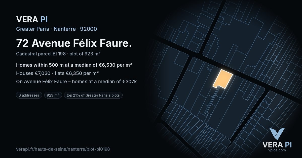 72 Avenue Félix Faure, Nanterre at night – the plot lit, the parcels around coloured by the prices near them